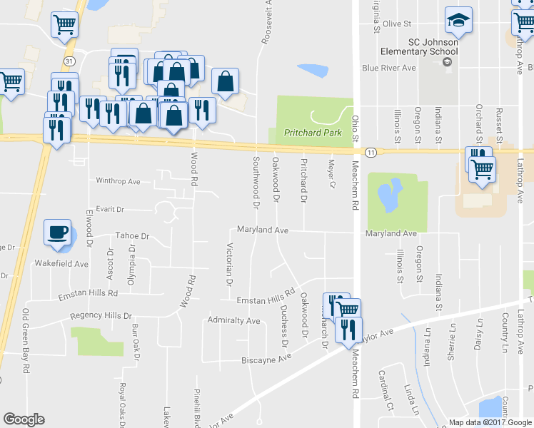 map of restaurants, bars, coffee shops, grocery stores, and more near 3217 Southwood Drive in Mount Pleasant