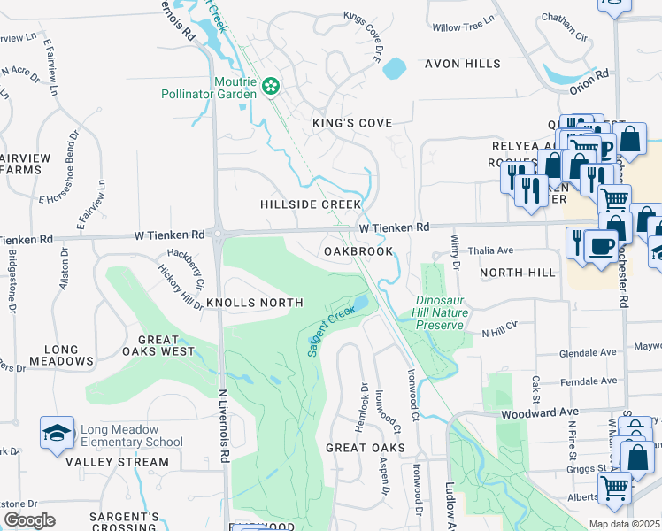 map of restaurants, bars, coffee shops, grocery stores, and more near 777 Oak Brook Ridge Drive in Rochester Hills