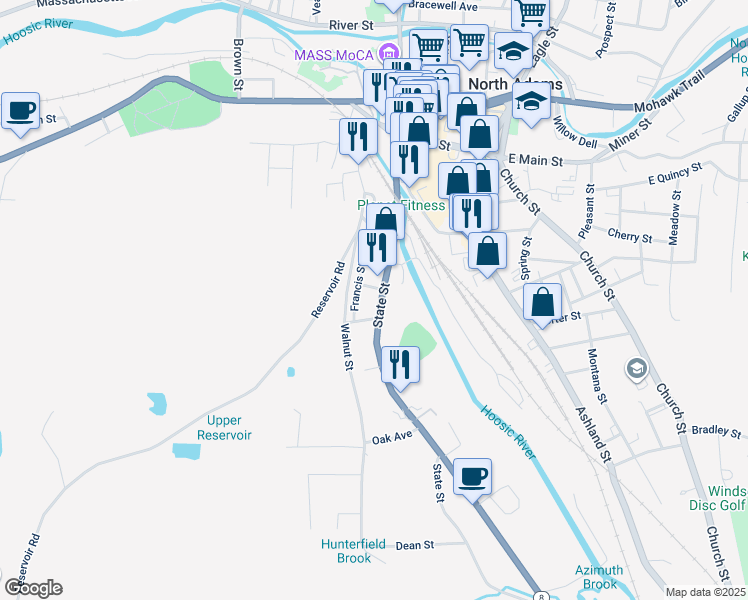 map of restaurants, bars, coffee shops, grocery stores, and more near 19-21 Hooker Street in North Adams