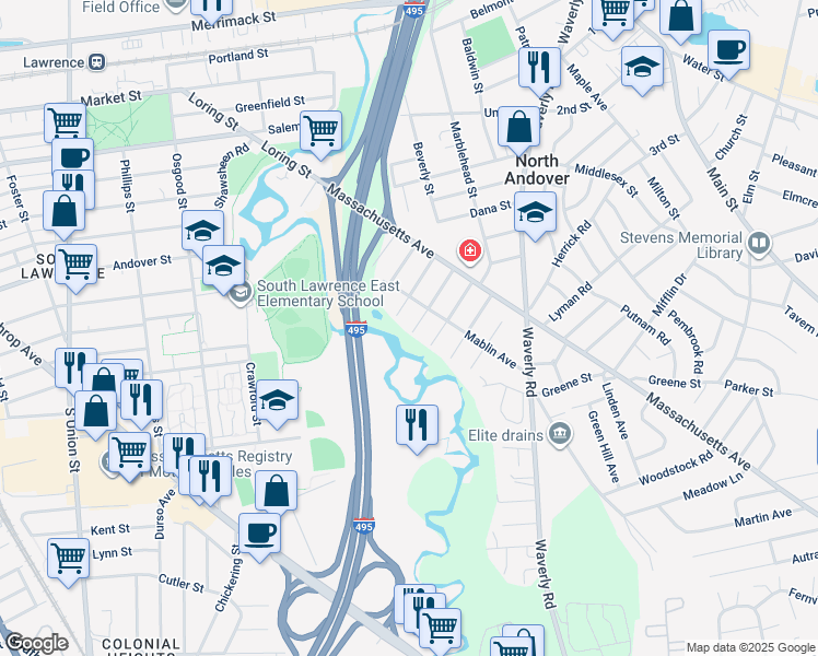 map of restaurants, bars, coffee shops, grocery stores, and more near 57 Glenwood Street in North Andover