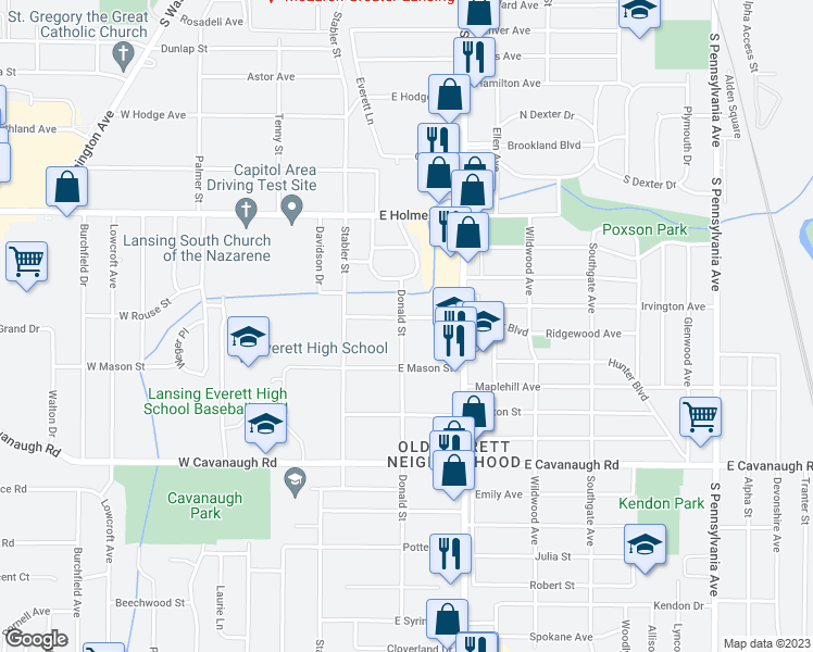 map of restaurants, bars, coffee shops, grocery stores, and more near 300 East Rouse Street in Lansing