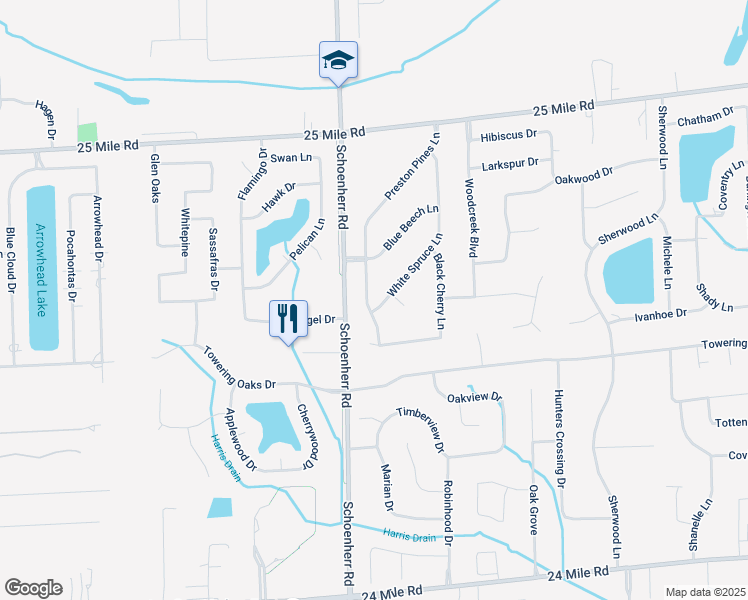map of restaurants, bars, coffee shops, grocery stores, and more near 54303 White Spruce Lane in Macomb County