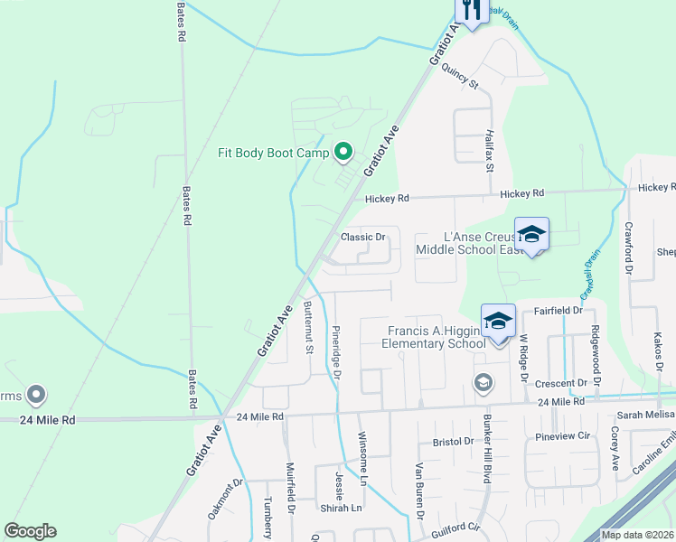 map of restaurants, bars, coffee shops, grocery stores, and more near 29109 Philadelphia Drive in New Baltimore