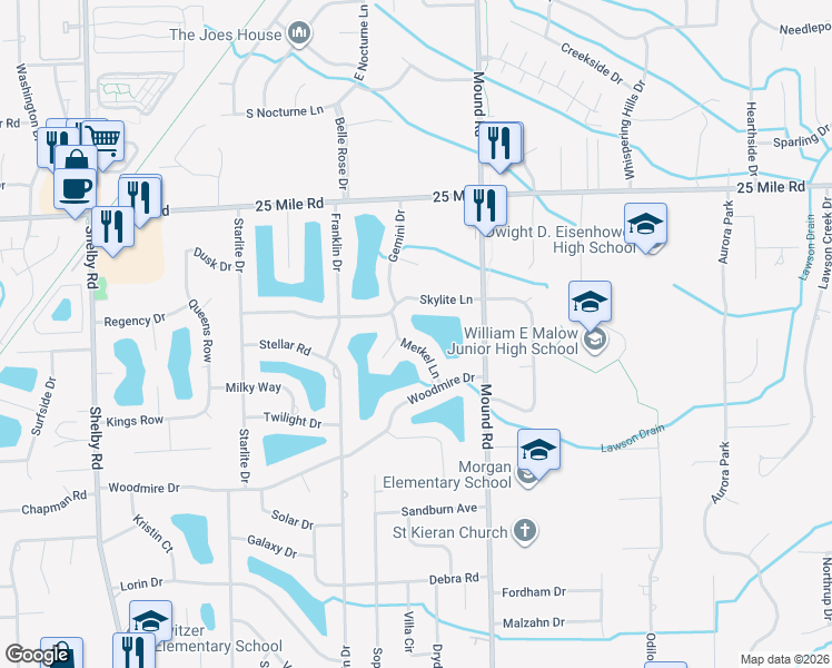 map of restaurants, bars, coffee shops, grocery stores, and more near 5700 Skylite Lane in Macomb County