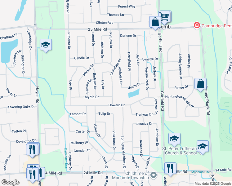 map of restaurants, bars, coffee shops, grocery stores, and more near 54038 Carnation Drive in Macomb