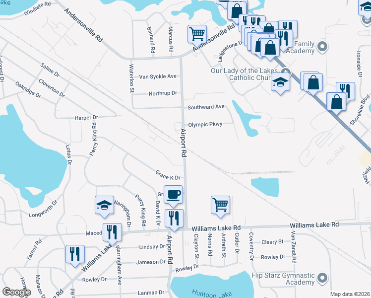 map of restaurants, bars, coffee shops, grocery stores, and more near in Waterford Township