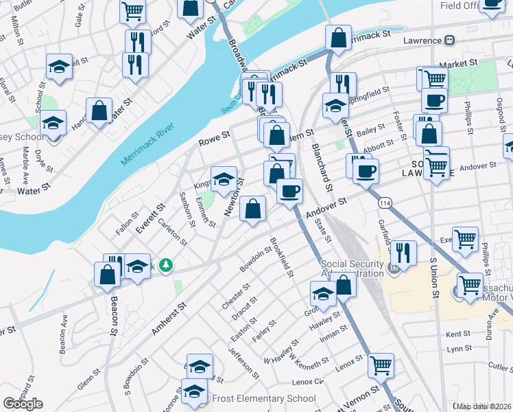 map of restaurants, bars, coffee shops, grocery stores, and more near 14 Atkinson Street in Lawrence