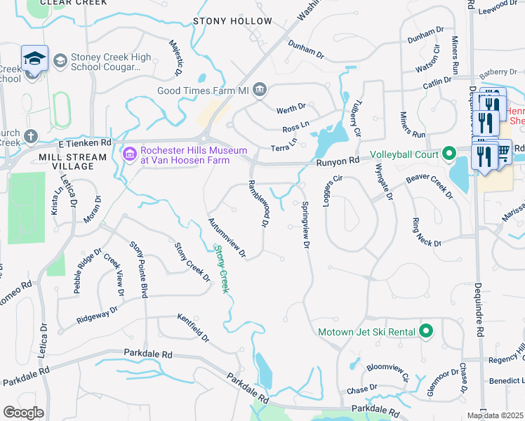 map of restaurants, bars, coffee shops, grocery stores, and more near 900 Ramblewood Drive in Rochester