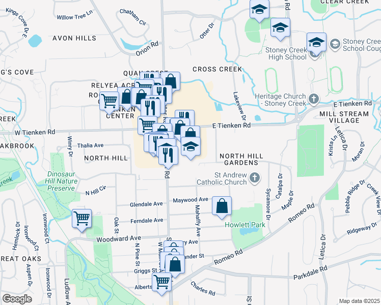 map of restaurants, bars, coffee shops, grocery stores, and more near 1480 North Rochester Road in Rochester Hills