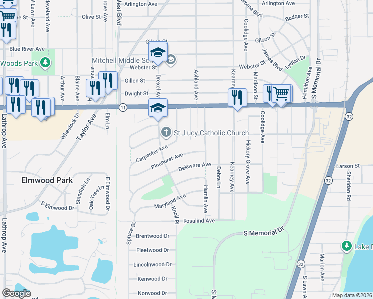 map of restaurants, bars, coffee shops, grocery stores, and more near 3114 Gates Court in Racine