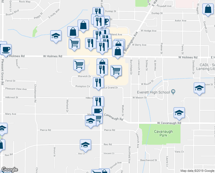 map of restaurants, bars, coffee shops, grocery stores, and more near 1008 Legrand Drive in Lansing