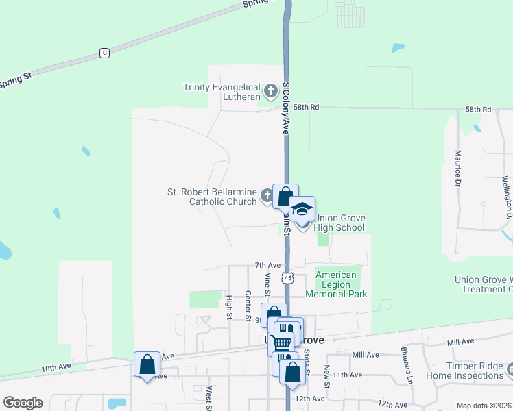 map of restaurants, bars, coffee shops, grocery stores, and more near 3324 South Colony Avenue in Union Grove