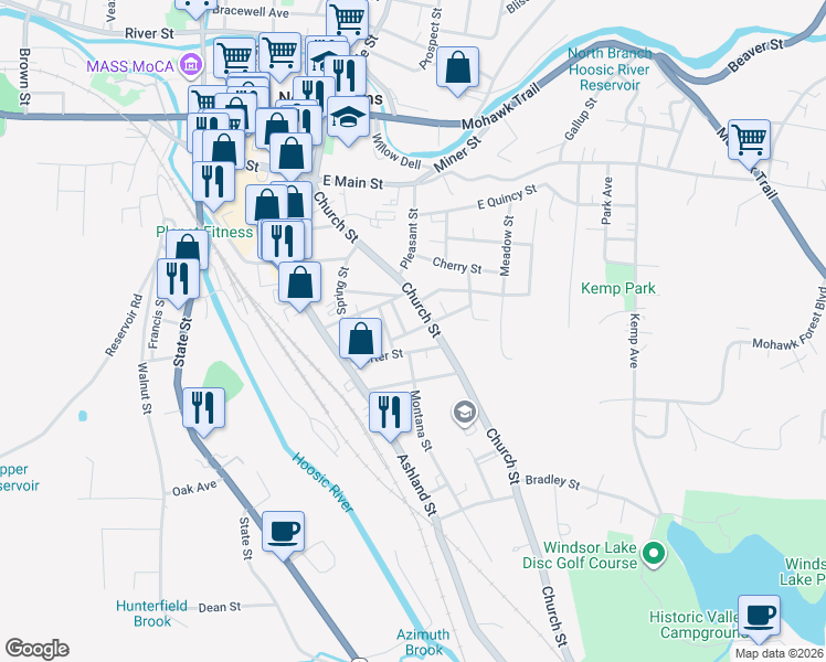 map of restaurants, bars, coffee shops, grocery stores, and more near 21 Elmwood Avenue in North Adams