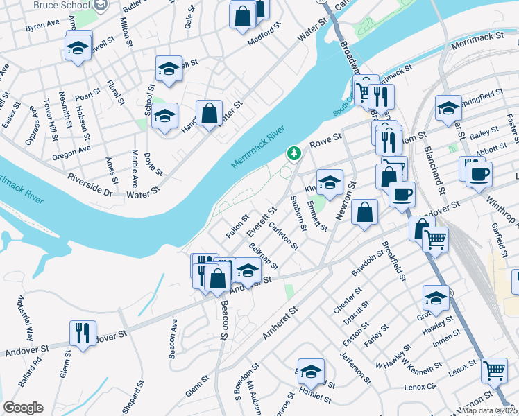 map of restaurants, bars, coffee shops, grocery stores, and more near 5 Coleman Street in Lawrence