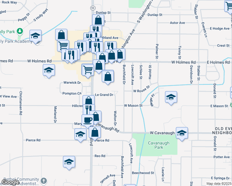 map of restaurants, bars, coffee shops, grocery stores, and more near 804 Legrand Drive in Lansing
