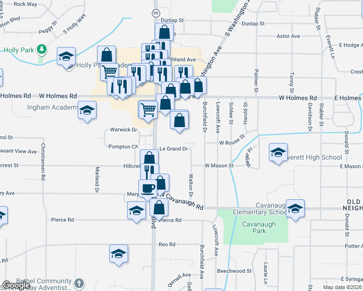 map of restaurants, bars, coffee shops, grocery stores, and more near 906 Legrand Drive in Lansing