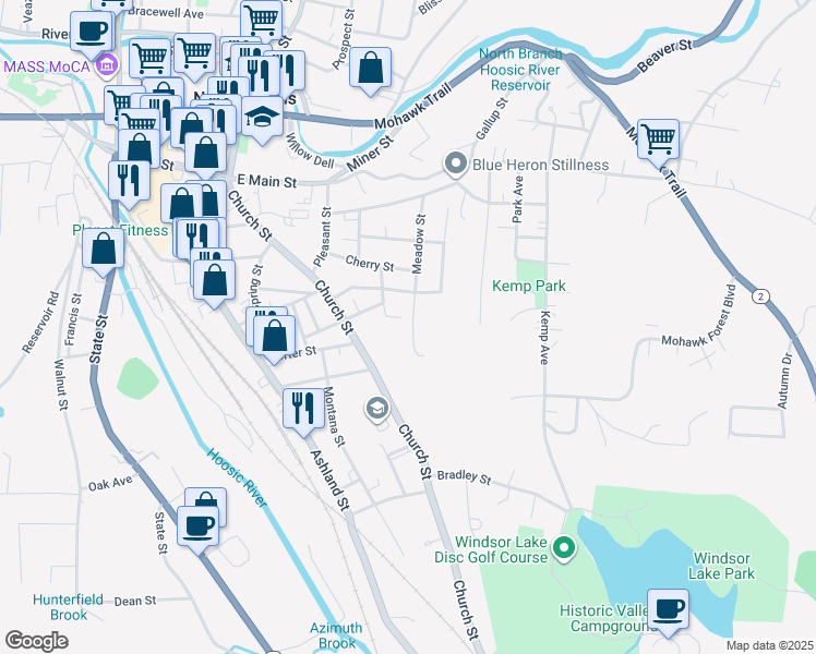 map of restaurants, bars, coffee shops, grocery stores, and more near 66 Dover Street in North Adams