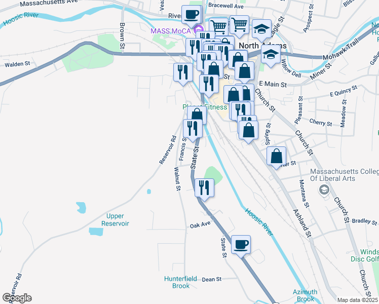 map of restaurants, bars, coffee shops, grocery stores, and more near 19-21 Hooker Street in North Adams