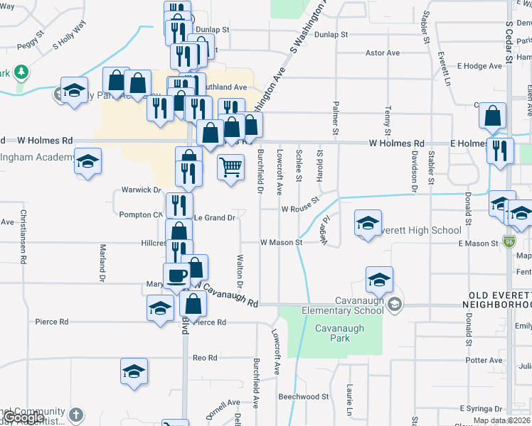 map of restaurants, bars, coffee shops, grocery stores, and more near 3630 Lowcroft Avenue in Lansing