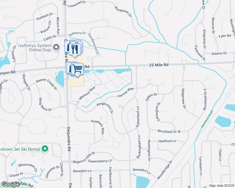 map of restaurants, bars, coffee shops, grocery stores, and more near 2597 Harrow Way in Macomb County
