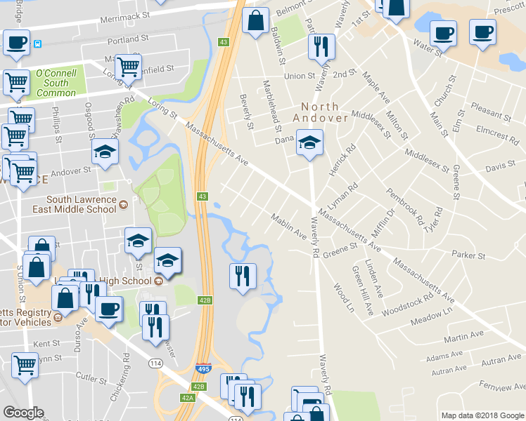 map of restaurants, bars, coffee shops, grocery stores, and more near 36 Harwood Street in North Andover