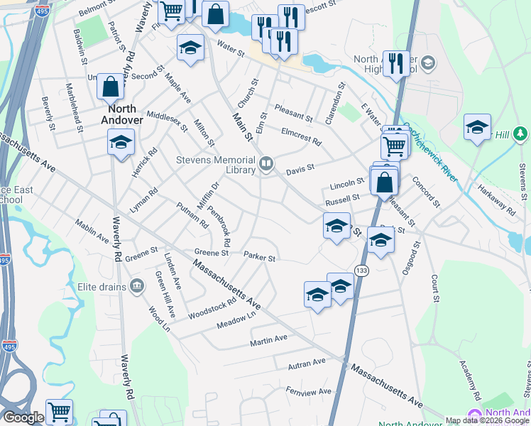 map of restaurants, bars, coffee shops, grocery stores, and more near 10 Woodbridge Road in North Andover