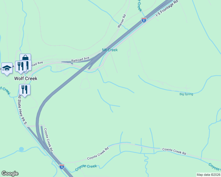 map of restaurants, bars, coffee shops, grocery stores, and more near 211 Interstate 5 Frontage Road in Wolf Creek