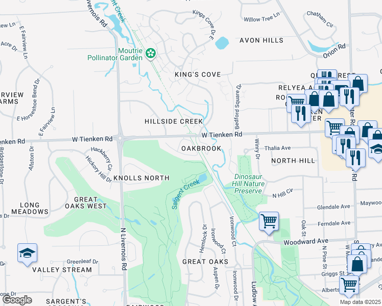 map of restaurants, bars, coffee shops, grocery stores, and more near 722 Oak Brook Ridge Drive in Rochester Hills