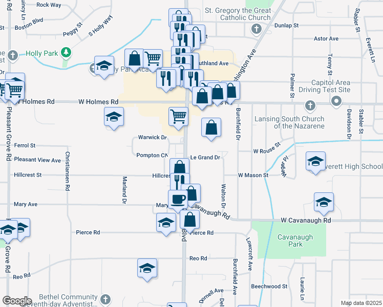 map of restaurants, bars, coffee shops, grocery stores, and more near 1016 Legrand Drive in Lansing