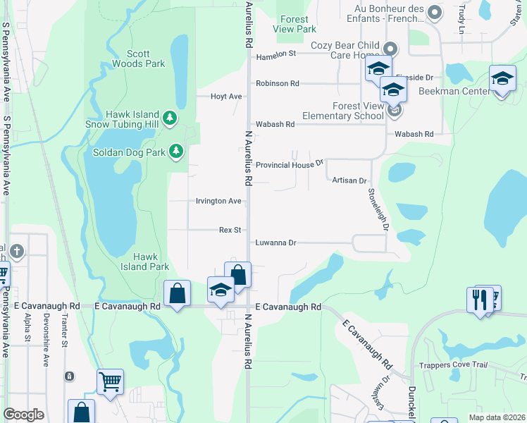 map of restaurants, bars, coffee shops, grocery stores, and more near 3615 Aurelius Road in Lansing