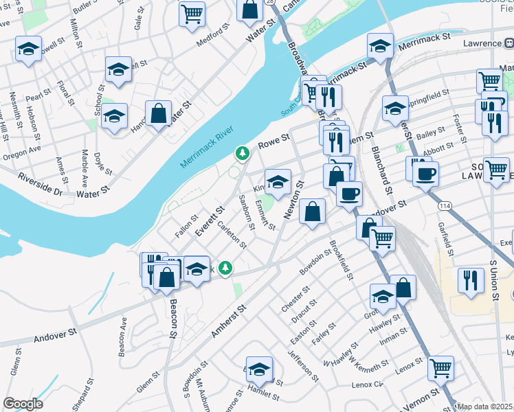 map of restaurants, bars, coffee shops, grocery stores, and more near 93 Emmett Street in Lawrence