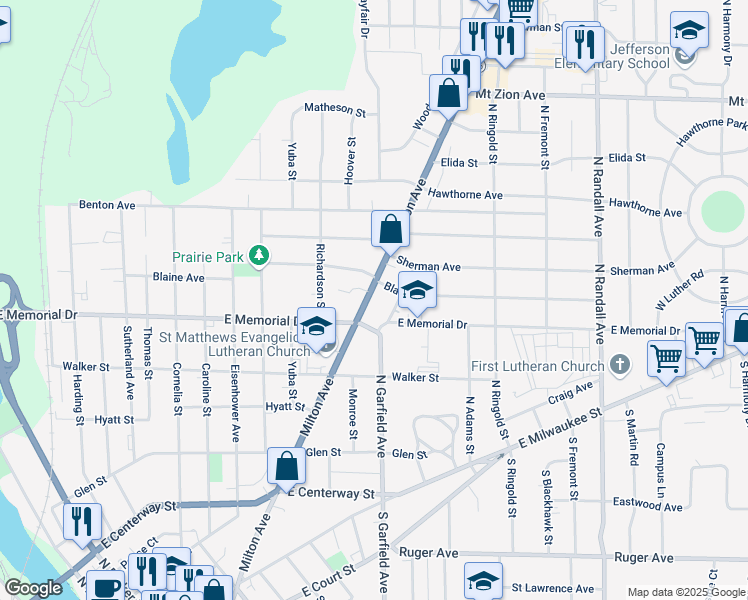 map of restaurants, bars, coffee shops, grocery stores, and more near 826 Milton Avenue in Janesville