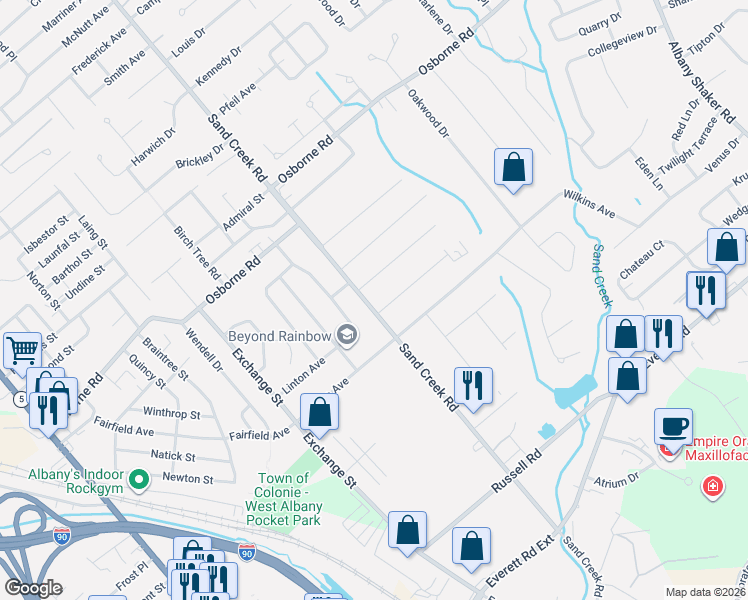 map of restaurants, bars, coffee shops, grocery stores, and more near 155 Sand Creek Road in Albany