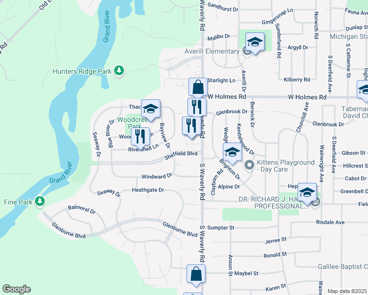 map of restaurants, bars, coffee shops, grocery stores, and more near 3926 Sheffield Boulevard in Lansing