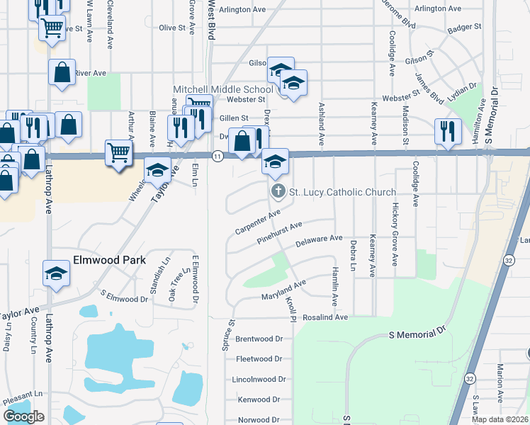map of restaurants, bars, coffee shops, grocery stores, and more near 3116 Drexel Avenue in Racine