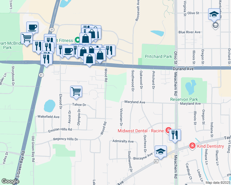 map of restaurants, bars, coffee shops, grocery stores, and more near 3205 Wood Road in Racine