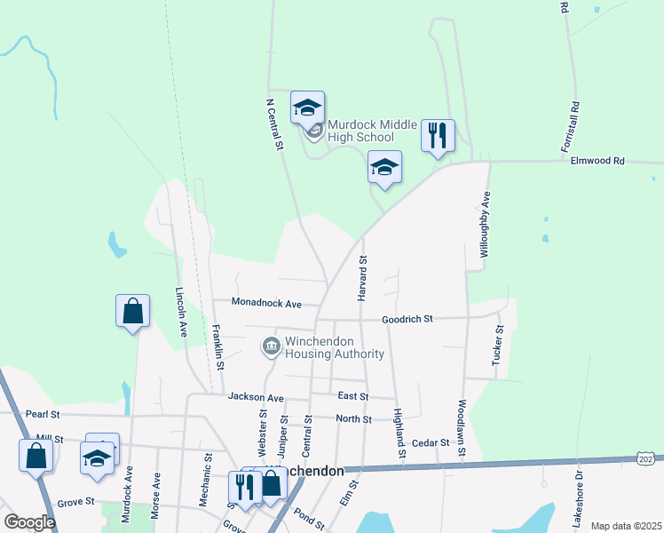 map of restaurants, bars, coffee shops, grocery stores, and more near 547 North Central Street in Winchendon
