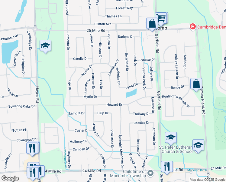 map of restaurants, bars, coffee shops, grocery stores, and more near 54038 Carnation Drive in Macomb