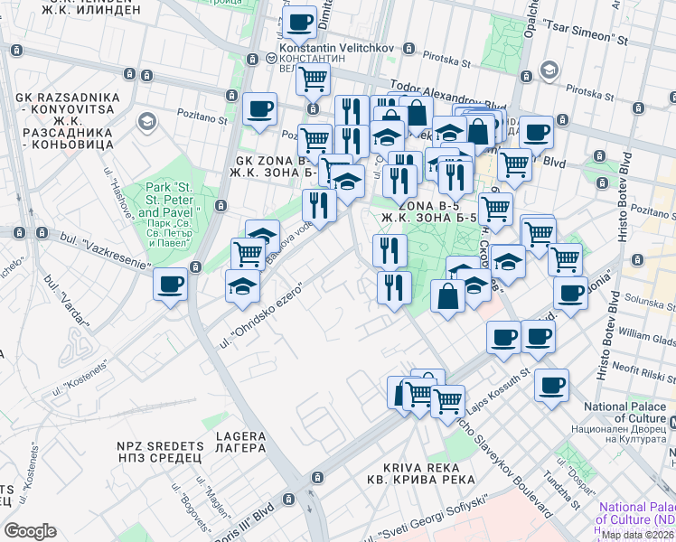 map of restaurants, bars, coffee shops, grocery stores, and more near 22 ulitsa "Kamen Andreev" in Sofia