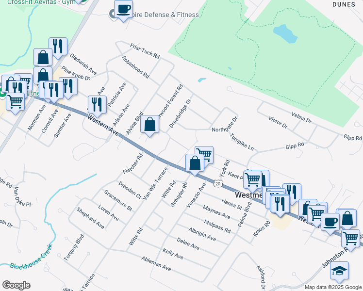 map of restaurants, bars, coffee shops, grocery stores, and more near 1941 Western Avenue in Albany