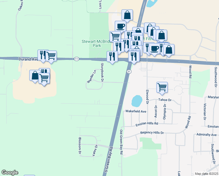 map of restaurants, bars, coffee shops, grocery stores, and more near 3205 Nobb Hill Drive in Racine