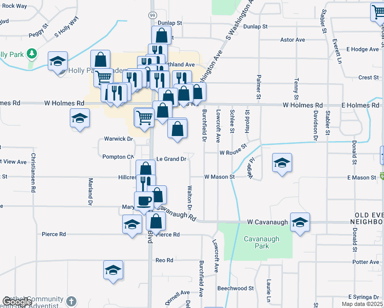 map of restaurants, bars, coffee shops, grocery stores, and more near 804 Legrand Drive in Lansing