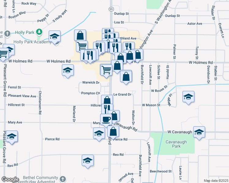 map of restaurants, bars, coffee shops, grocery stores, and more near 1016 Legrand Drive in Lansing