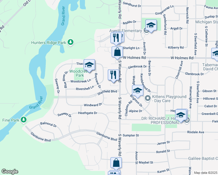 map of restaurants, bars, coffee shops, grocery stores, and more near 3926 Sheffield Boulevard in Lansing
