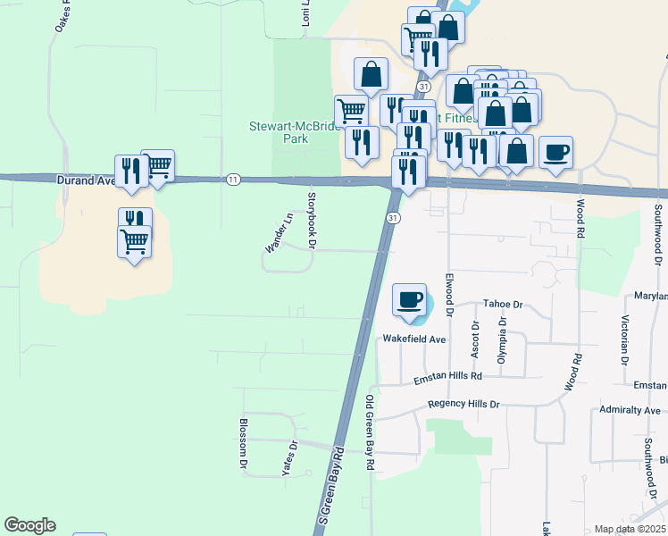 map of restaurants, bars, coffee shops, grocery stores, and more near 3205 Nobb Hill Drive in Racine