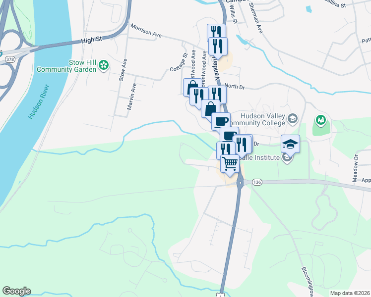 map of restaurants, bars, coffee shops, grocery stores, and more near 50 North Greenbush Road in Troy