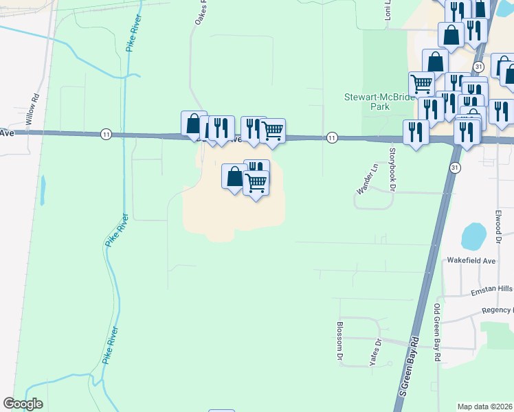 map of restaurants, bars, coffee shops, grocery stores, and more near 3049 South Oakes Road in Sturtevant