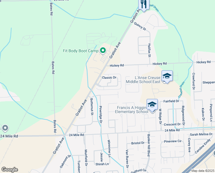 map of restaurants, bars, coffee shops, grocery stores, and more near Philadelphia Drive in New Baltimore