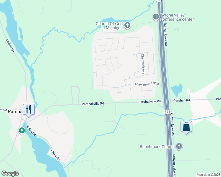 map of restaurants, bars, coffee shops, grocery stores, and more near 9722 Townsquare Boulevard in Fenton