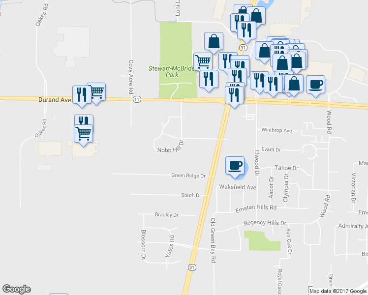map of restaurants, bars, coffee shops, grocery stores, and more near 3205 Nobb Hill Dr in Racine
